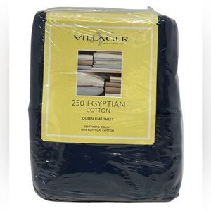 Liz Claiborne Villager QUEEN Navy Egyptian Cotton 250 Thread Count Flat Sheet